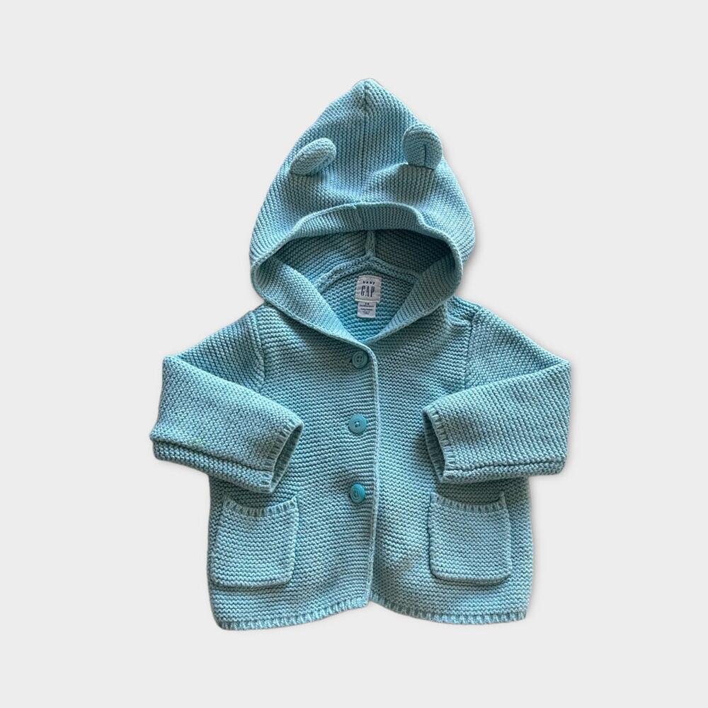 Gap Baby Brannan Blue Knit Buttoned Sweater Hood with Ears 3-6mos Cozy Layer